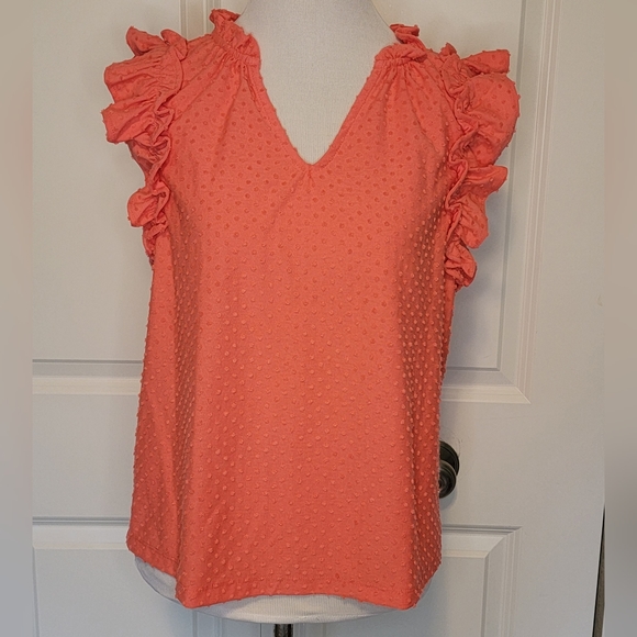 NWT J. Crew Women's Dark Coral Ruffle-Sleeve Clip-Dot Top - L - Picture 3 of 7